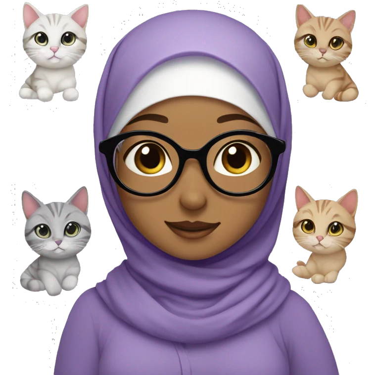 A cute hijabi girl with cute smile and round glasses with cats and lavender  emoji