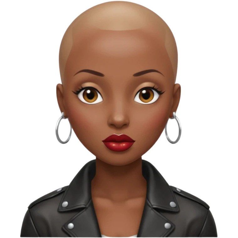 Gorgeous woman shiny , shaved her head black hair no eyebrows leather jacket Alluring black woman wide nose bald head big glossy lips emoji