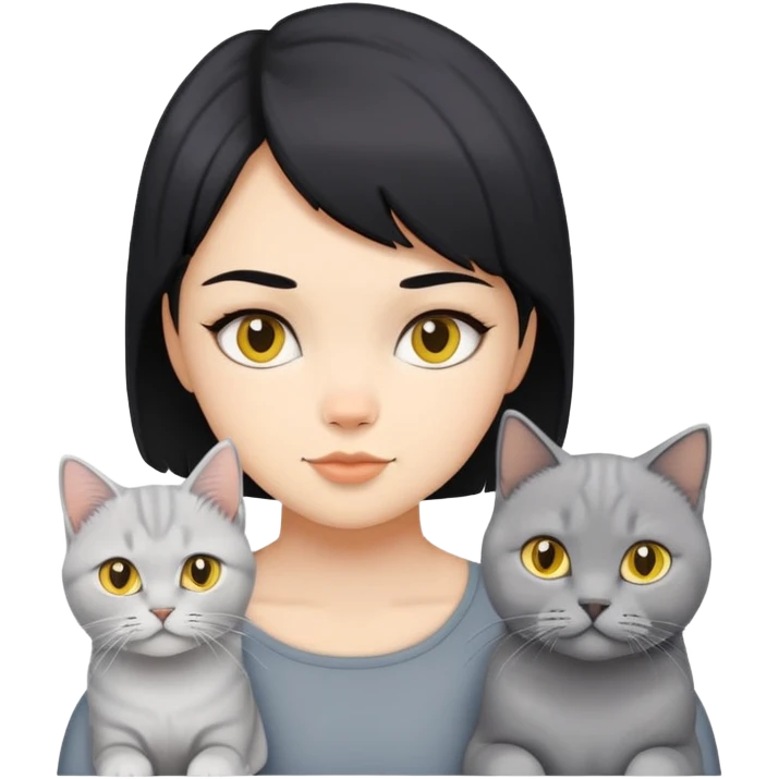 A black short hair girl,  with four cat , grey British Shorthair, yellow British Longhair, White Longhair, white British longhair.  emoji