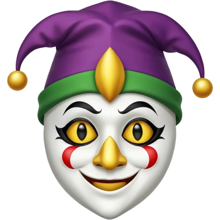 Máscara blanca con un ojo negro y otro amarillo y sombrero de bufon emoji