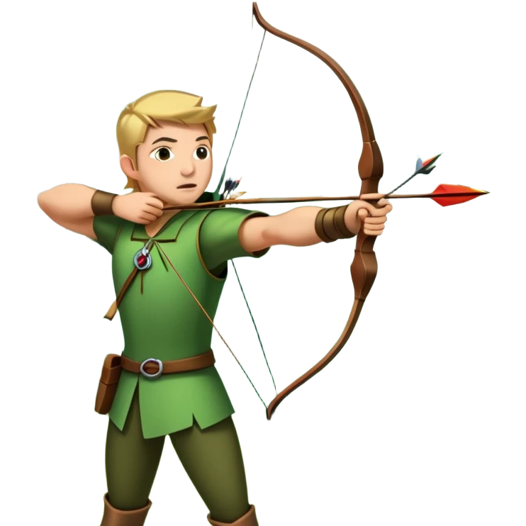 A skilled archer, resembling Robin Hood, drawing a bow and releasing an arrow towards a target. The scene captures the perfect moment of release, with the bowstring taut and the arrow flying toward the bullseye, set in a forest or archery range background. emoji