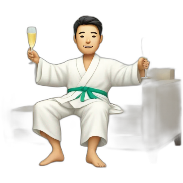 A Korean man in a bathrobe on the sofa with a glass of champagne emoji