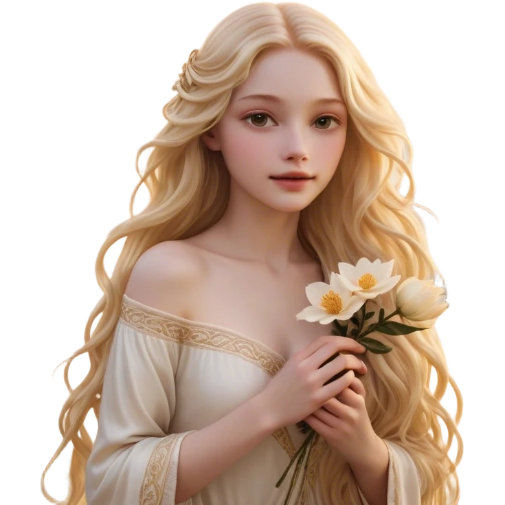 Cinematic Realistic Rapunzel Portrait, with porcelain-like skin featuring a subtle, natural glow, illuminated by soft lighting that brings out the gentle contours of her face. Her long, golden blonde hair cascades in detailed waves, each strand highlighted with a radiant shimmer as it catches the light. She playfully holds a flower in one hand, her other hand resting casually in her lap, with a warm and spirited expression. Her bright, expressive green eyes exude curiosity and warmth, framed by delicate lashes and soft, arched brows. She is dressed in her classic lavender and pink gown, the fabric textured with delicate folds that flow naturally, catching the light with a soft, radiant glow. The portrait captures a luminous, enchanting aura, seamlessly blending realism with a whimsical, fairytale charm, evoking a timeless sense of beauty and magic. emoji