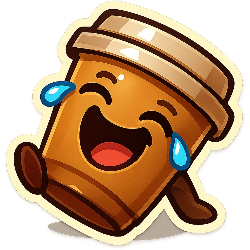 Tall coffee cup, laughing hard, tears in eyes, fallen over, dramatic laugh emoji