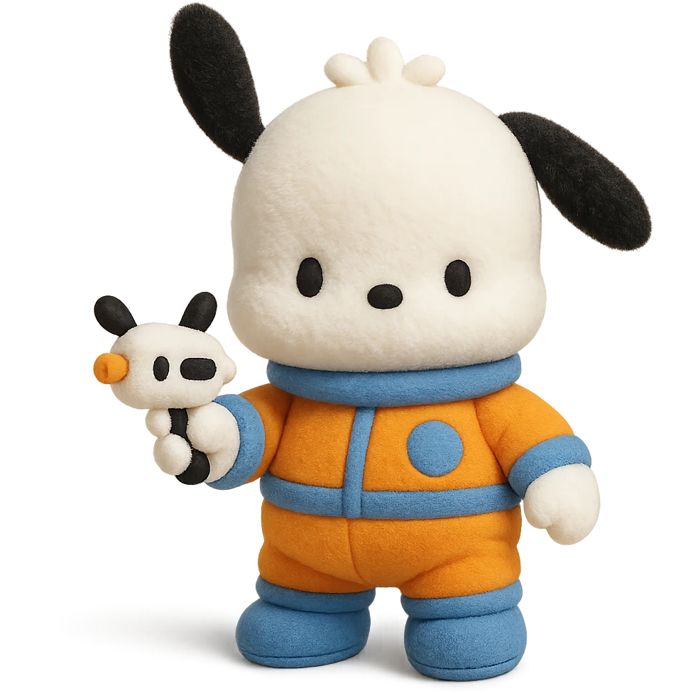 Pochacco holding a cute toy gun, white with black ears, wearing an orange and blue space suit, plushy Popmart doll style, playful and adorable emoji