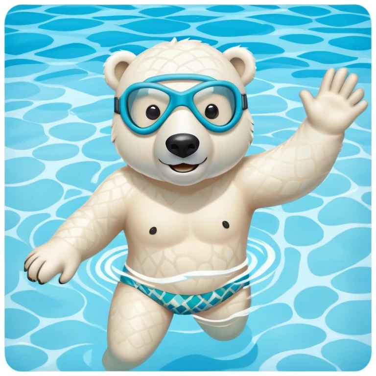 friendly anthropomorphised polar bear swimming freestyle in a large pool, excited expression, wearing patterned swim trunks and full snorkel mask emoji