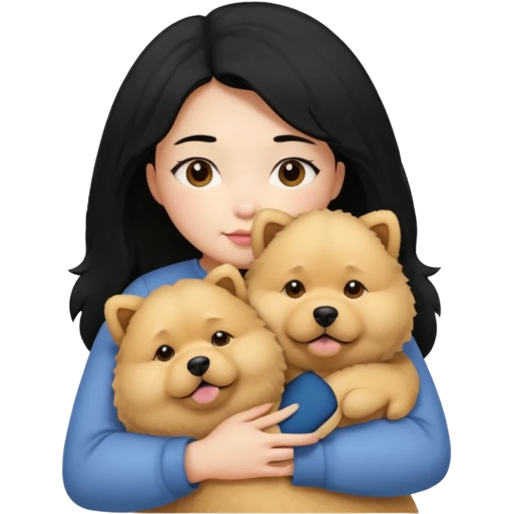 A girl with black hair hugging a beige fluffy chow chow dog emoji