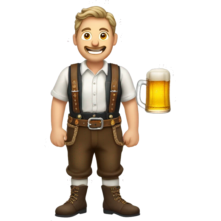 German man wearing Lederhosen, suspenders, haferl shoes holding a pint of beer emoji