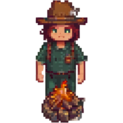 Minecraft-inspired pixel art Twitch overlay, showing a blocky character waiting by a campfire with pixelated "Starting Soon" text emoji