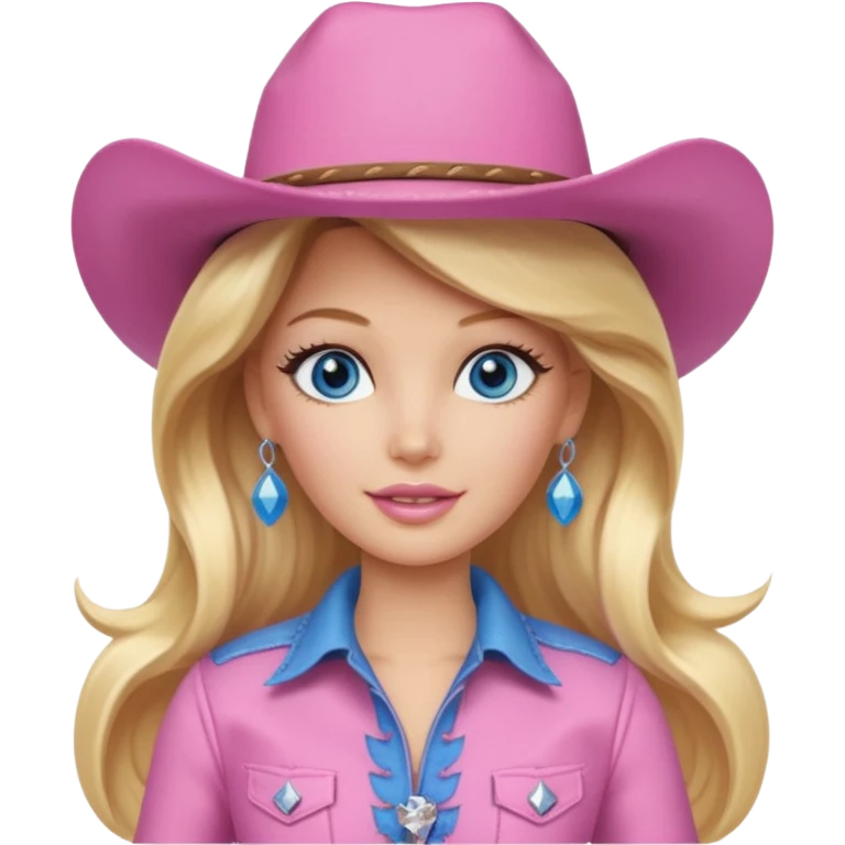 Cowgirl barbie in a pink outfit with cowboy hat with long blonde hair and blue eyes emoji