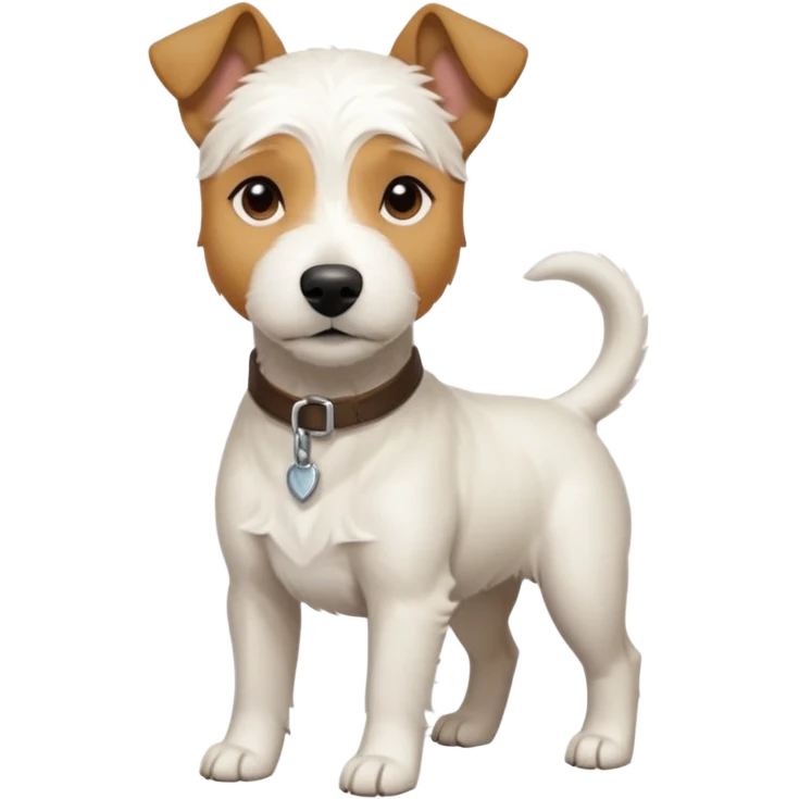 a full body facing front on of a buff white parson russell terrier looking dog the size of a kelpie with light brown long ears resting on its face and a light brown patch above one eye and a large snout. the rest of the dog is completely white.  emoji