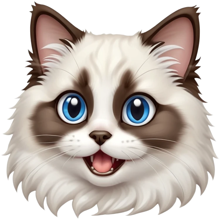 cinematic-adorable-big-eyed-fluffy-dark brown and white ragdoll-cat-portrait-emoji,-head-tilted-playfully-with-a-cute,-yawn,-soft-brown-and white-colored-fur-with-darker-points-on-the-ears,-simplified-yet-irresistibly-cute-features, sparkling blue eyes emoji