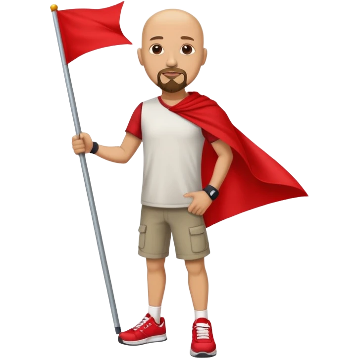 Bald man in sneakers with a goatee holding a red flag emoji