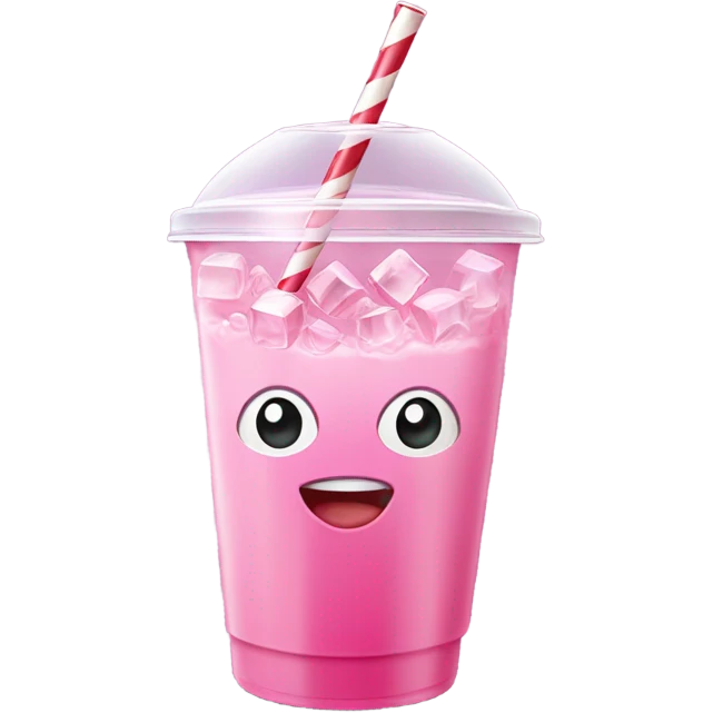 Realistic plastic cup and lid with Transluscent pink soda and large ice cubes inside and straw through the top of the lid. emoji