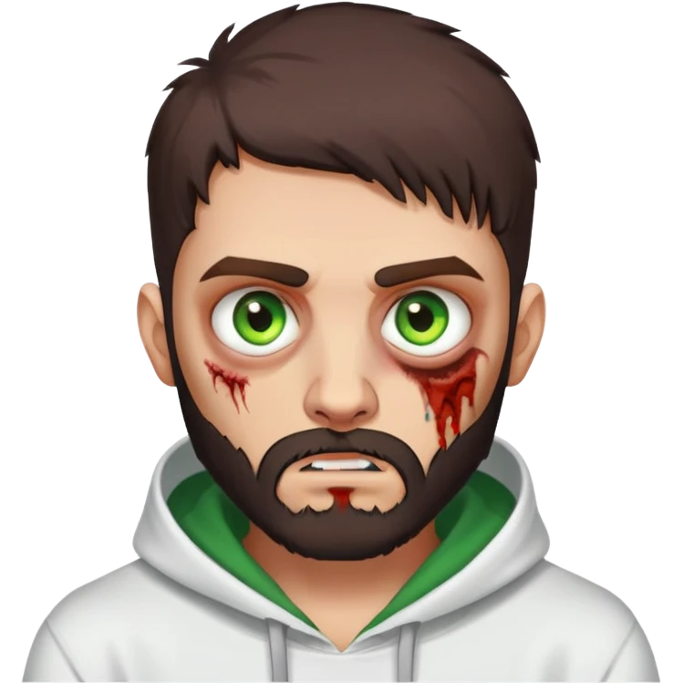 zombie making peace sign, undercut hairstyle with dark brown hair, short full beard, heterochromia with one green eye and one brown eye, wearing plain white hoodie emoji