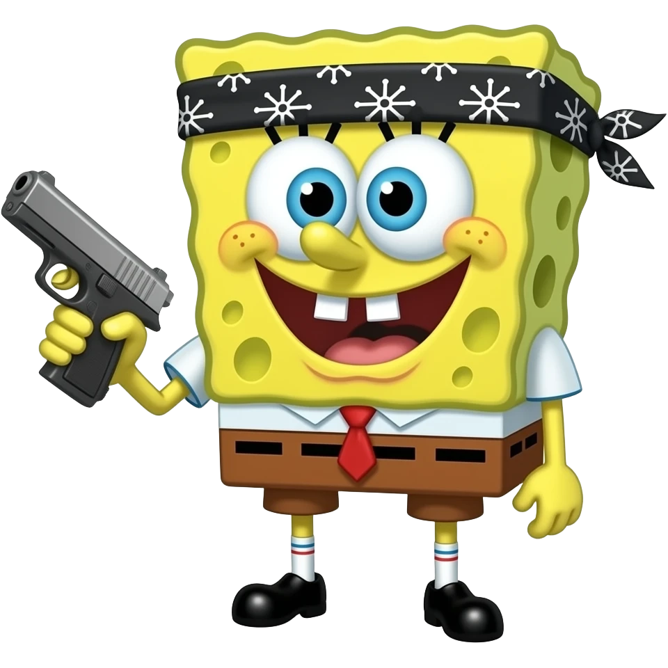 Black sponge bob with a bandana and a glock emoji emoji