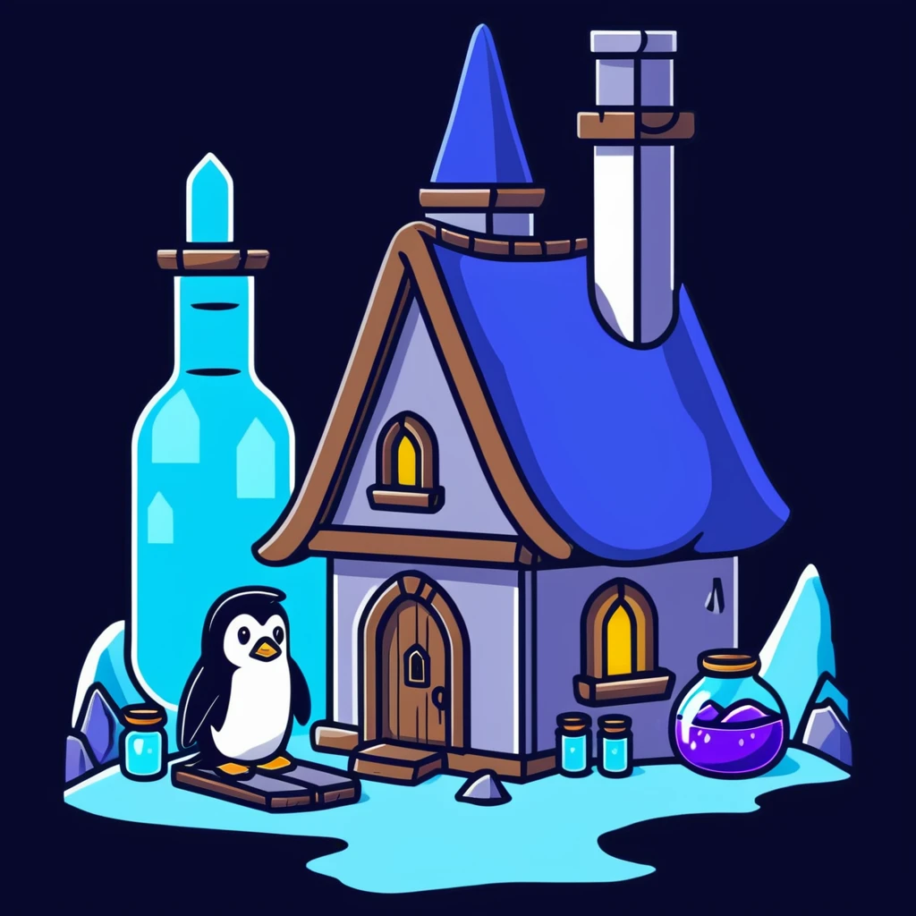 Cozy wizard's cottage for a penguin, ice cave with magical blue glow and potion bottles emoji