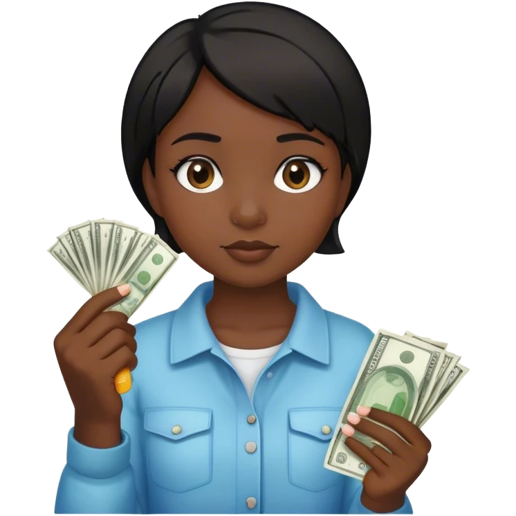 a young girl with dark skin and short black hair holding money and a glue stick in her hands emoji