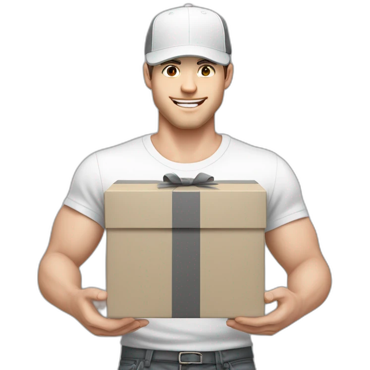 Pale skinned fit Man with dark brown hair in a white cap, gray jeans and dark gray polo T-shirt keeping a pasted with tape white box into his hands emoji