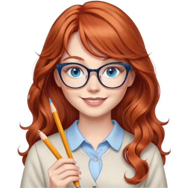 redheaded woman with very long wavy hair and bangs, blue eyes, clear cat-eye glasses, casual chic outfit, holding a pencil, smiling emoji