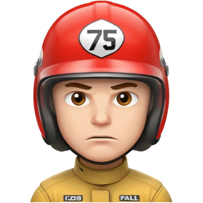 white male racer in helmet, crazy look, taking risks, very serious face, angry emoji