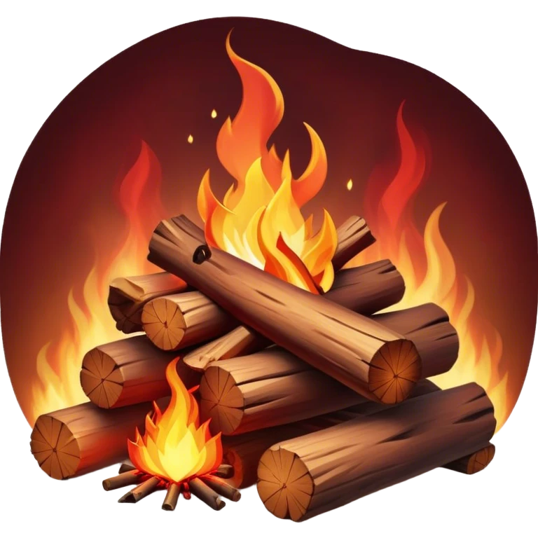 Cinematic Realistic Campfire, a roaring flame crackling atop carefully arranged logs, embers glowing deep red, golden light casting soft flickering shadows, gentle smoke drifting upwards, glowing with warmth and coziness. emoji