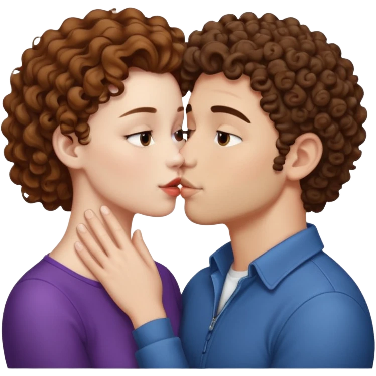 A couple kissing, the man would be white-skinned, mid fade-curly, brown-hair. The serious woman with white skin, brown color emoji