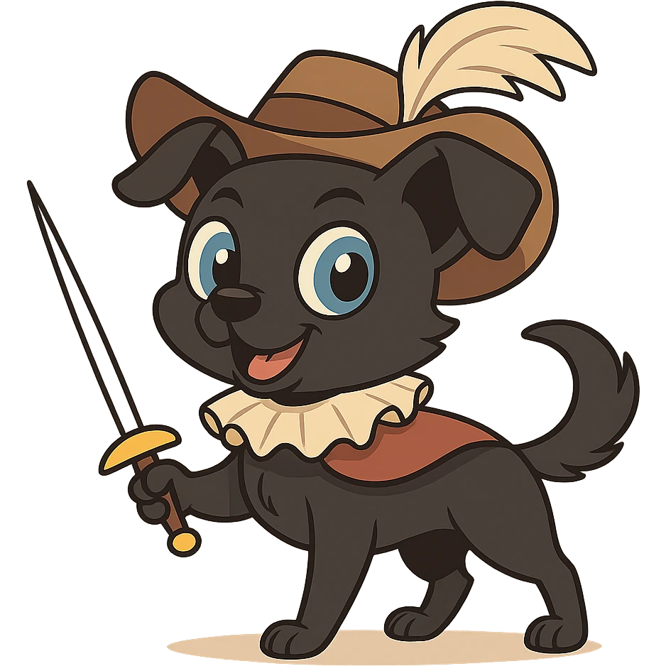 A cute small dog with sleek black fur, bright blue eyes, and a playful expression, dressed as a musketeer. The dog is wearing a classic musketeer hat with a feather, a tiny cape, and a ruffled collar. The dog is standing confidently with a tiny sword. emoji
