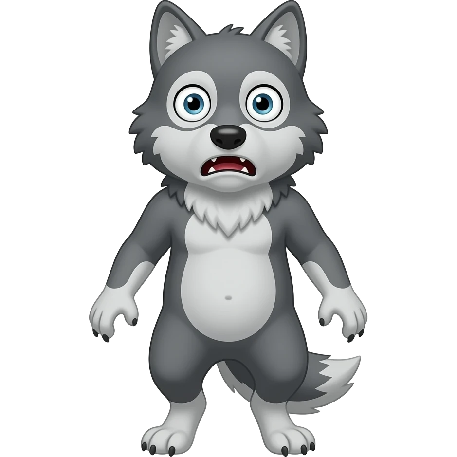 A small gray wolf standing upright, with human-like arms and legs, looking at us with a terrified expression. The wolf’s body is entirely gray. emoji
