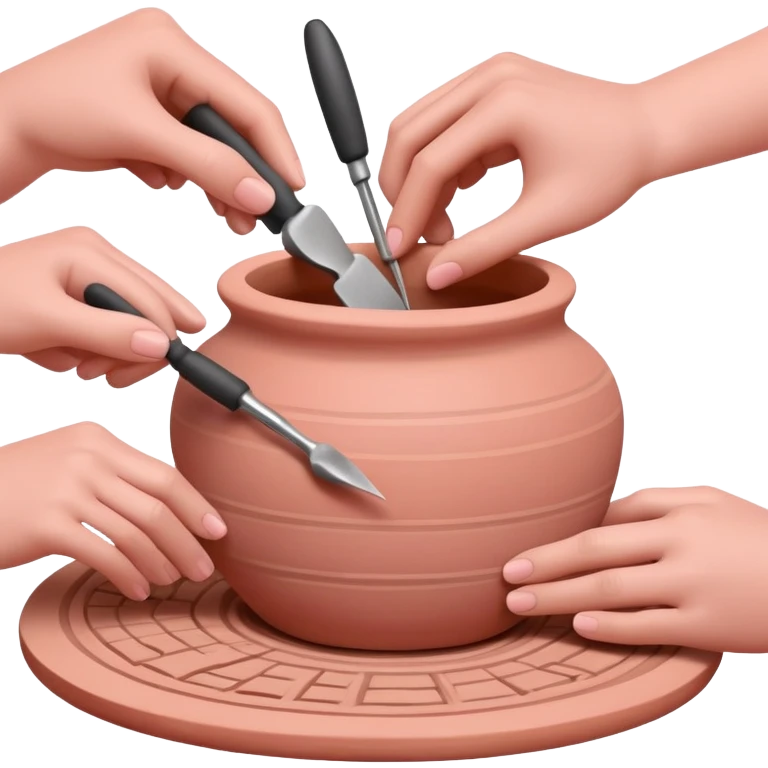 hands using pottery tools to add texture to pink clay, showing various texture tools creating patterns emoji