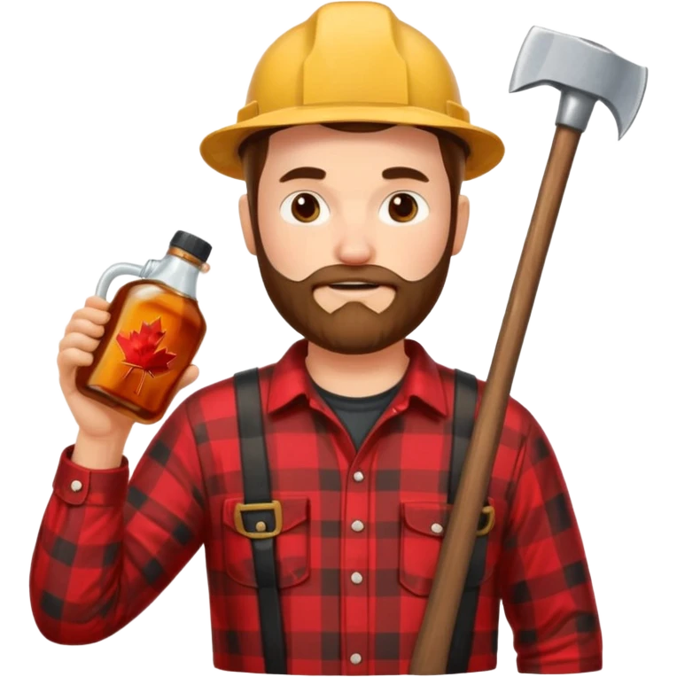 I want a Canadian lumberjack wearing a red and black plaid shirt drinking maple syrup out of the maple syrup bottle and holding a axe in the other emoji