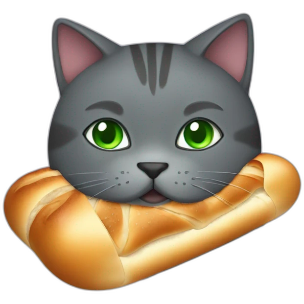 happy dark grey fat cat with green eyes and short tail eating a baguette emoji
