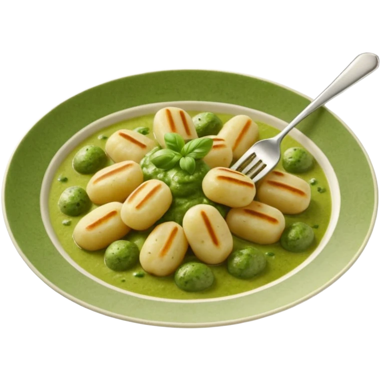 Gnocchi Cinematic Realistic Gnocchi Dish Emoji, depicted as tender oblong potato gnocchi garnished with iconic fork marks on top, rendered with soft textures and warm, inviting lighting. add green pesto sauce emoji