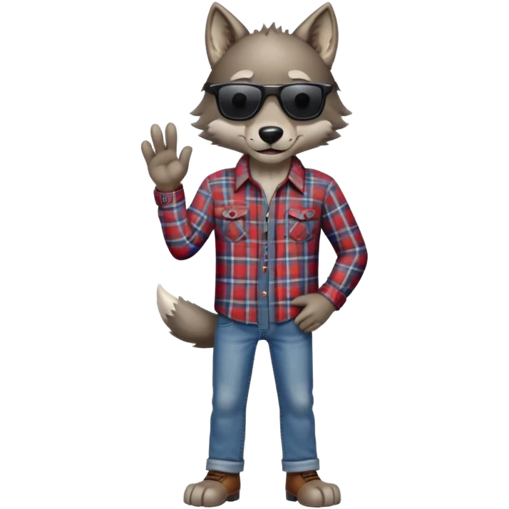 head and shoulders friendly anthropomorphised wolf in plaid shirt and jeans, wearing dark sunglasses, upright pose emoji