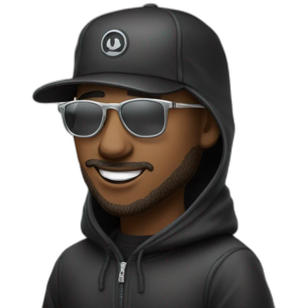 un homme avec une cagoule en laine noire, des lunettes noires et des grillz en argent sur les dents emoji