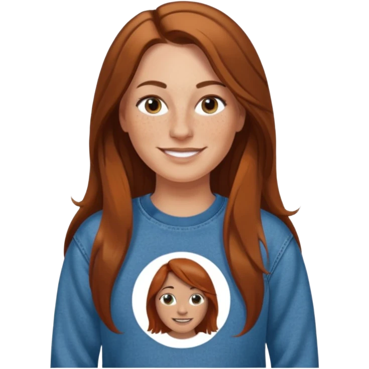 A 38 year old white woman with long brown hair parted in the middle. She has a nose ring. She has freckles and is wearing a sweatshirt and jeans smiling emoji