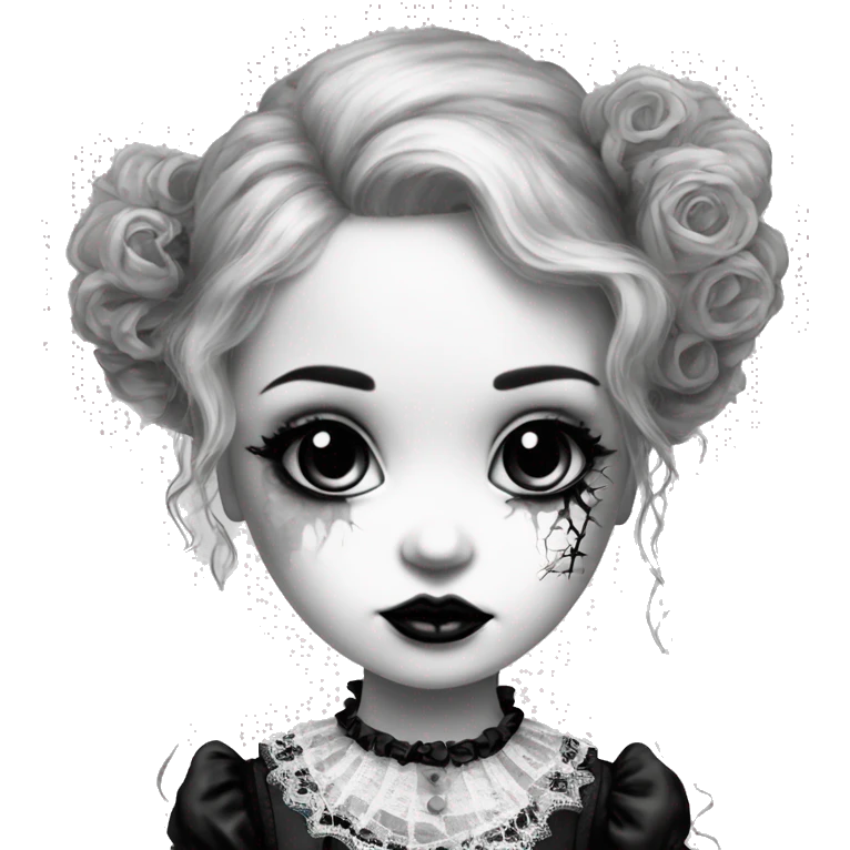 porcelain doll with a cracked face, goth makeup, long hair, lace and ruffles, lolita style, inked, black and white emoji