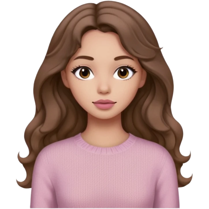 a woman with beige knit long sleeve top, her hair is long wavy brown hair, her face is soft girl style, her eyes color are black and the color of her lip is soft pink emoji