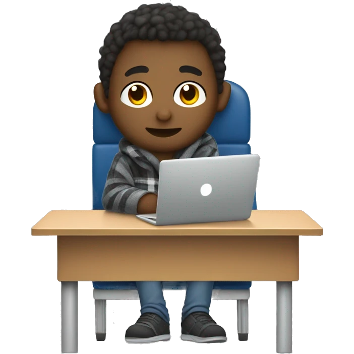 male student sitting at a school desk with a Chromebook wrapped in a blanket emoji
