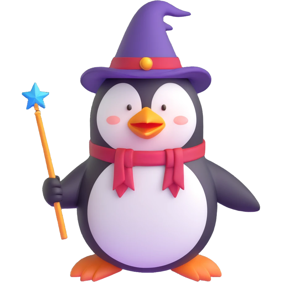 penguin wizard with magic wand and pointed hat emoji