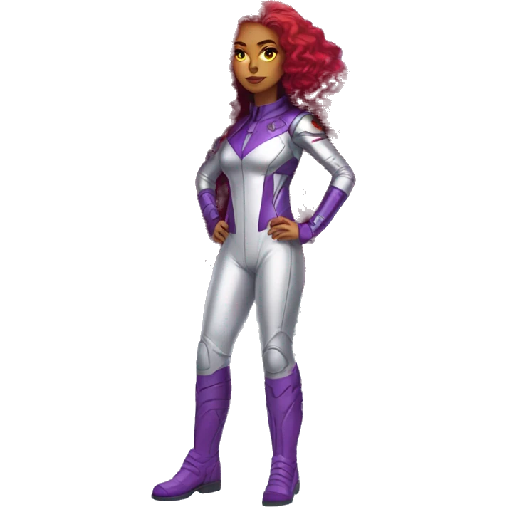 dc comics starfire burning red curly long  hair, purple and silver spacesuit with no helmet   emoji