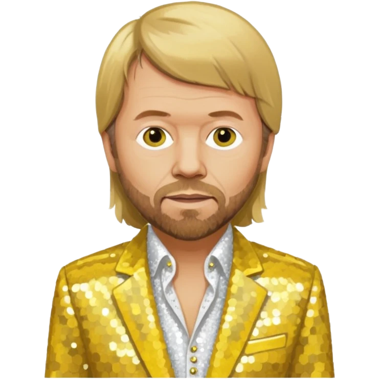 Björn Ulvaeus from ABBA with long dark blonde hair, yellow sequin shirt, white sequin suit jacket emoji