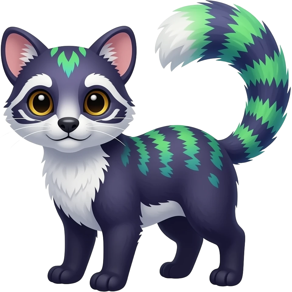 shiny realistic silky tropical thin exotic beautiful dark-violet-cyan-gradients-colored-neon-green-gradients, with white underside, iridescent glorious civet-genet-Cacomistle-oncilla-animal-hybrid with pattern markings (full body) emoji