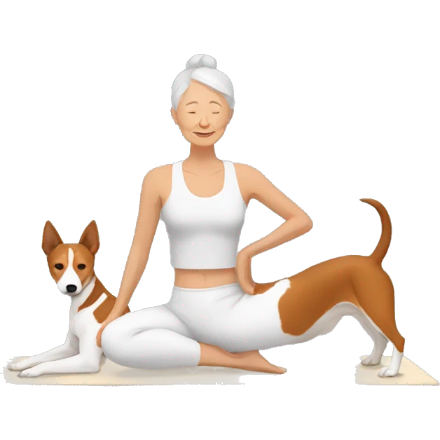 older woman doing yoga with basenji dog emoji