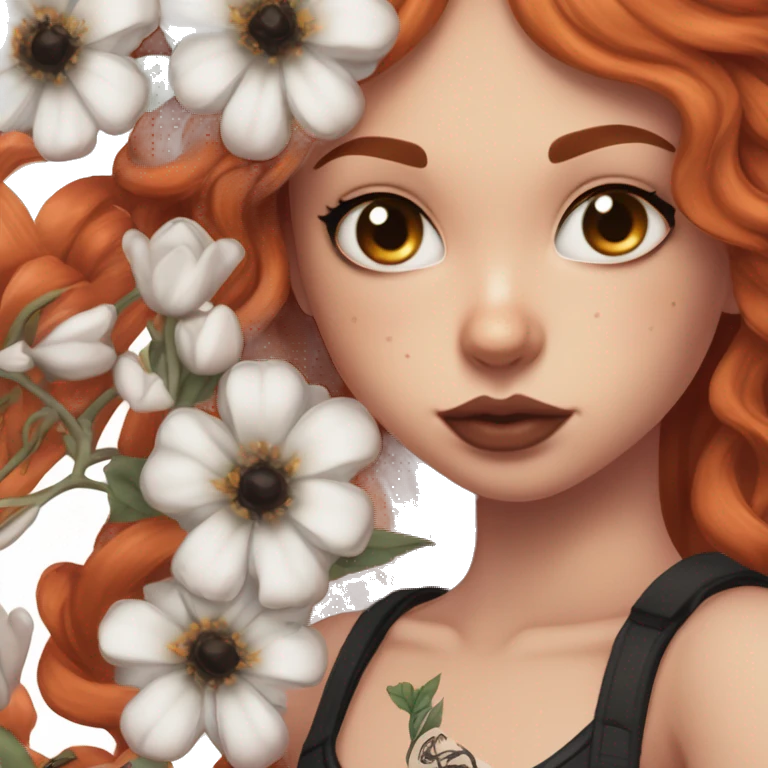 girl with fair skin, small nose, orangey red shoulder-length hair, large brown eyes, full lips, septum ring and large black and white chest tattoo of anatomical heart with flower bunches near the shoulders emoji