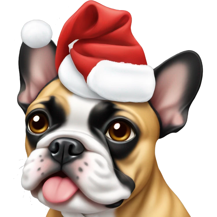Black and tan frenchie wearing Santa hat emoji