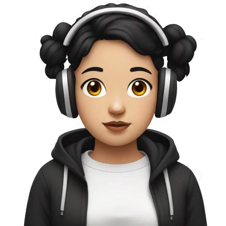 Girl with black hair up to the waist, with a black sweatshirt, half chubby, with a mole under the mouth on the right side expressive eyes with white headphones emoji