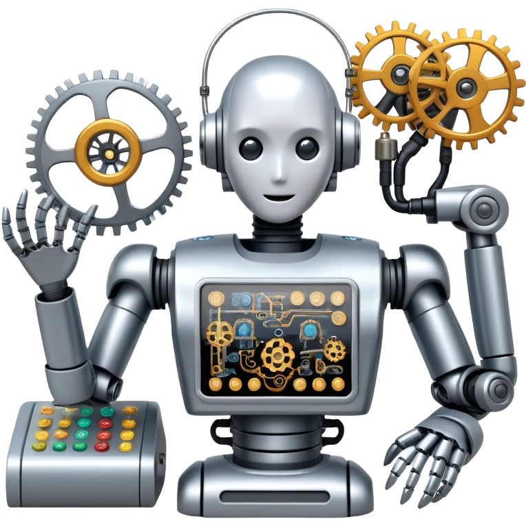 An icon featuring a humanoid robot assembling parts with robotic arms, surrounded by gears, circuit boards, and sensors, symbolizing robotics. The design includes a control panel and AI interface, representing automation, engineering, and innovation. Transparent background. emoji