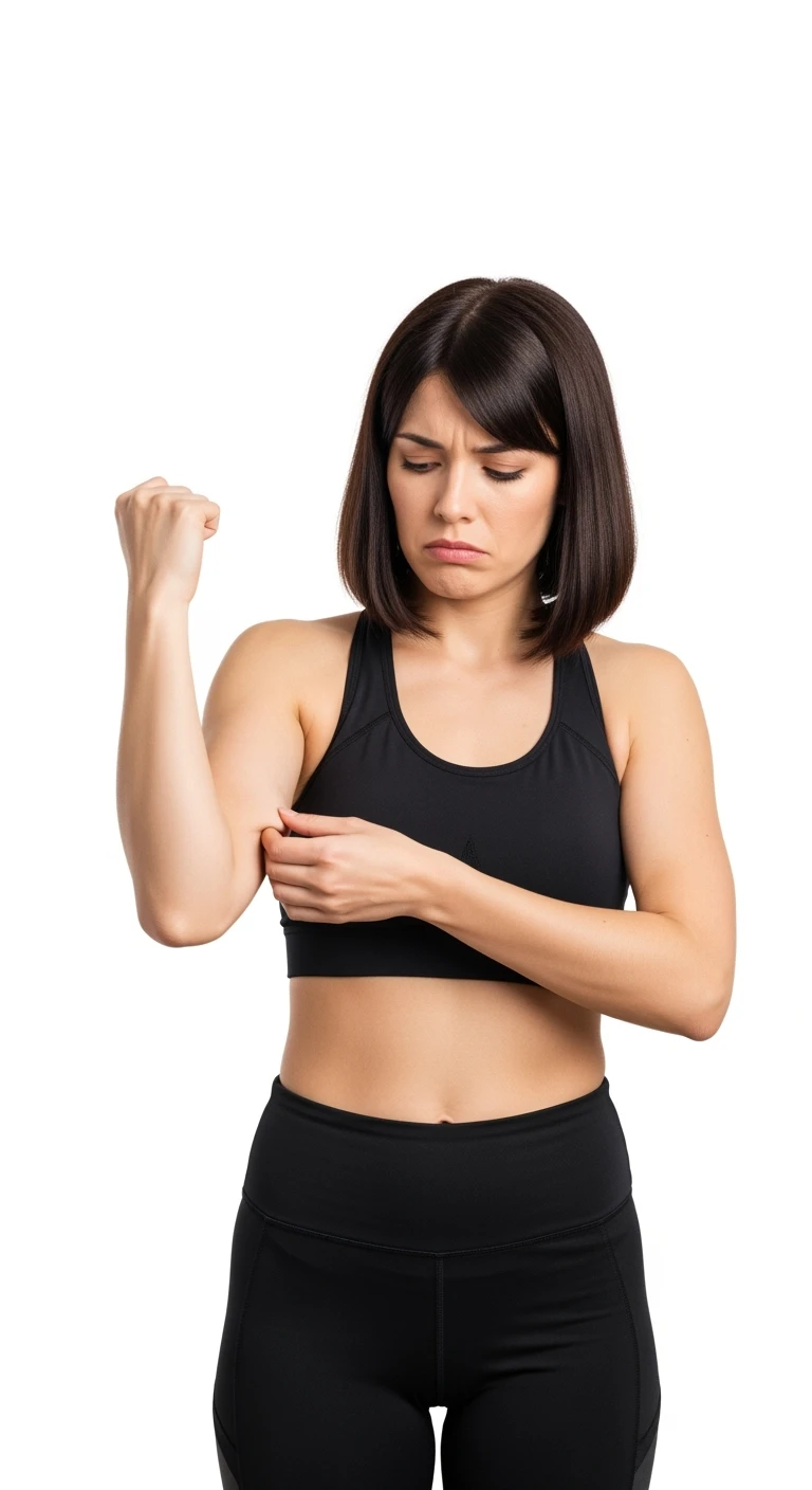 DONNA FITNESS CHE SI TOCCA IL MUSCOLO DEL BRACCIO CON ESPRESSIONE TRISTE IN VOLTO, POCO MUSCOLO, ISOLATA SU SFONDO BIANCO emoji