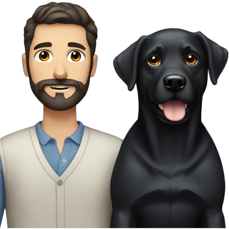 man with dark hair blue eyes beard and mustache holding black Labrador  emoji